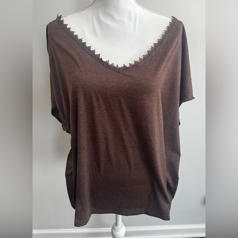 Shein Brown V-Neck Women's Top with Lace Detailing in Back